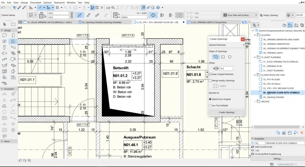 Screenshot of architectural software displaying a detailed floor plan with measurements, text annotations, and a pop-up window titled Create Openings for editing building elements. Various toolbars and menus are visible.