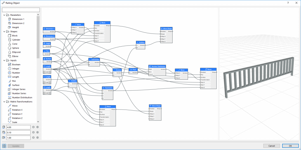 A computer screen displays a node-based visual programming interface with connected nodes on the left and a 3D model of a railing on the right, perfect for architectural or BIM applications. This setup is likely suited for design purposes in BIMx environments.
