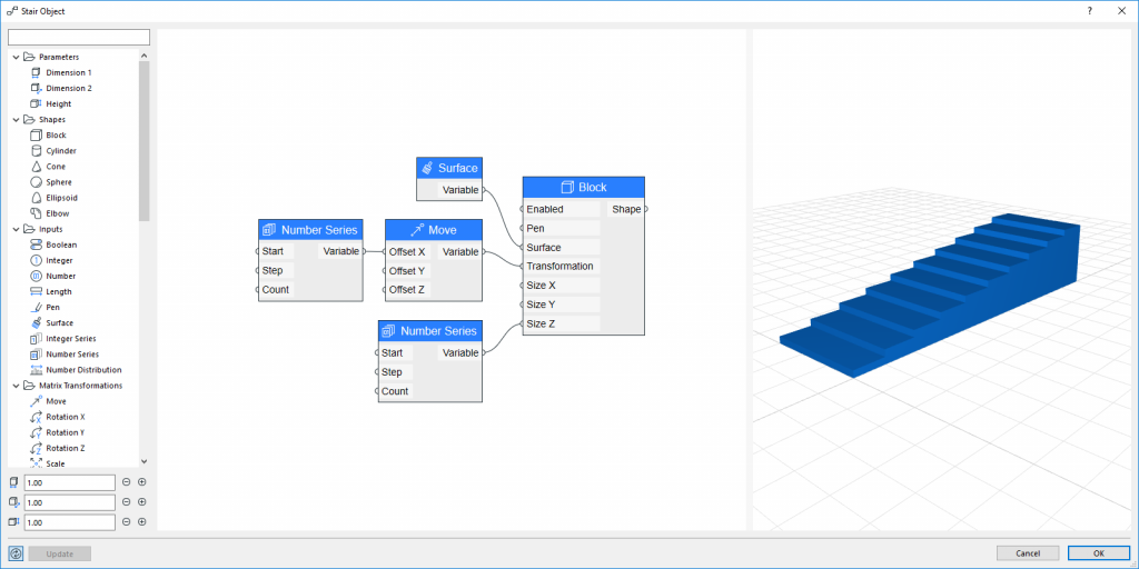 The diagram interface showcases a powerful CAD tool for creating 3D models. The left panel lists components, the center features a flowchart with connections like Surface, Move, and Number Series, while the right displays a blue staircase model, seamlessly integrating Graphisoft technology.