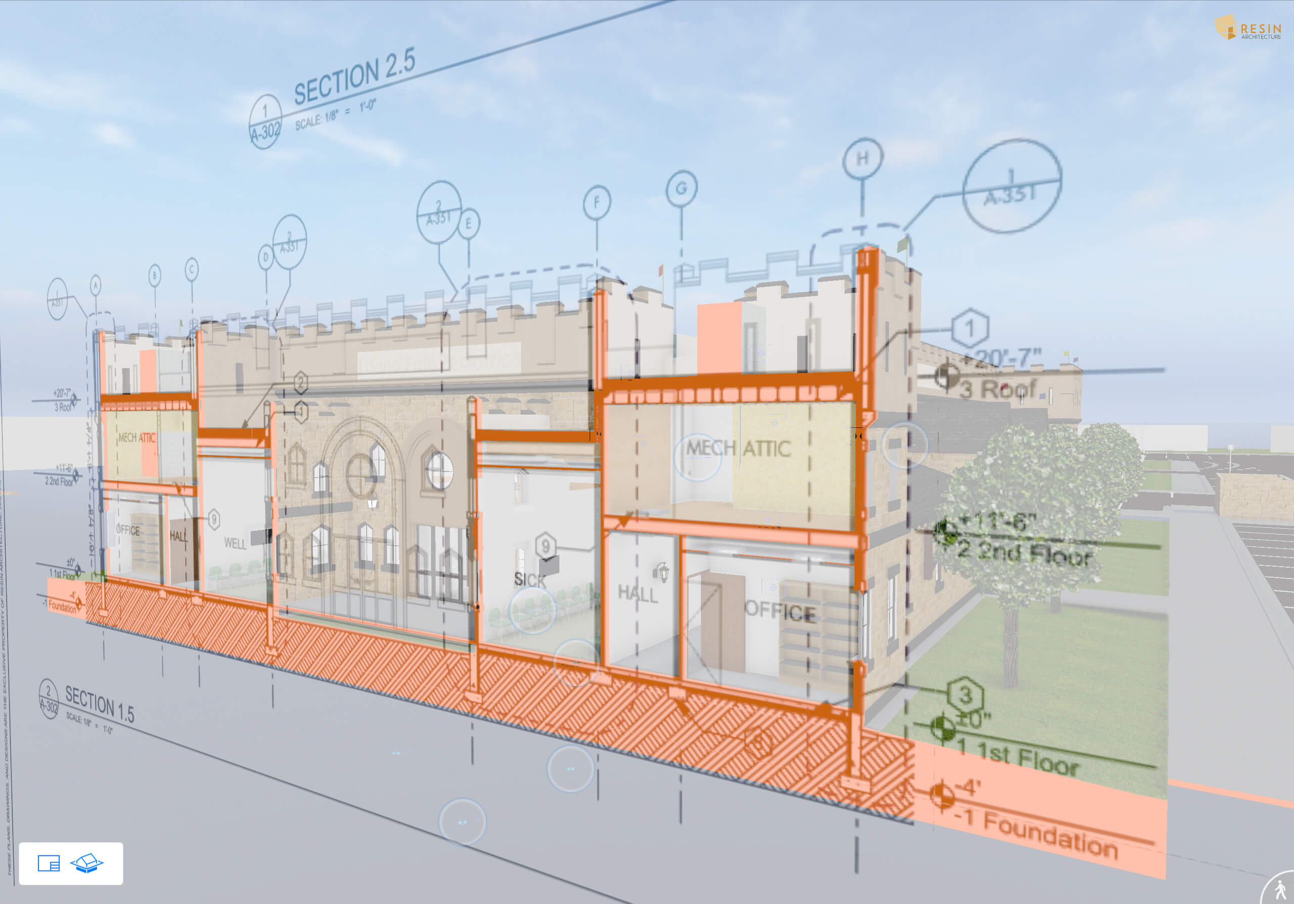 A digital architectural section drawing of a multi-story building shows labeled floors, rooms, and construction details, with transparent walls revealing an arched window and an outdoor tree on the right side.