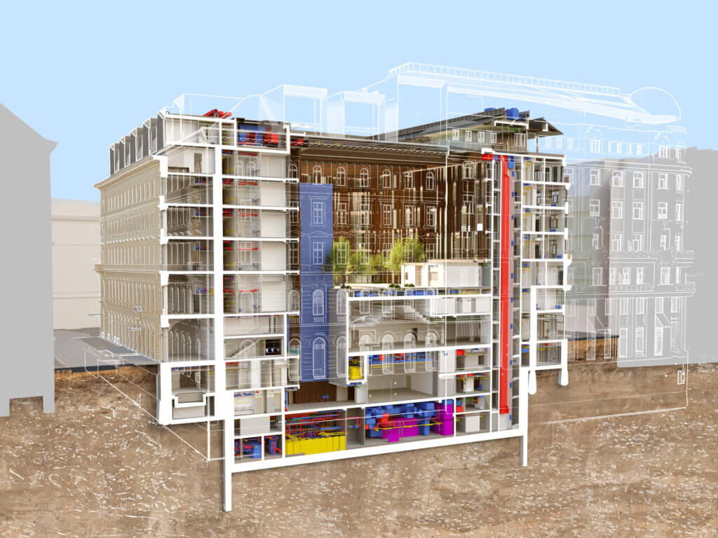 A detailed cross-section of a multi-story building with exposed colorful interior spaces, showing rooms, bookshelves, and structural elements, set against a faded cityscape background.