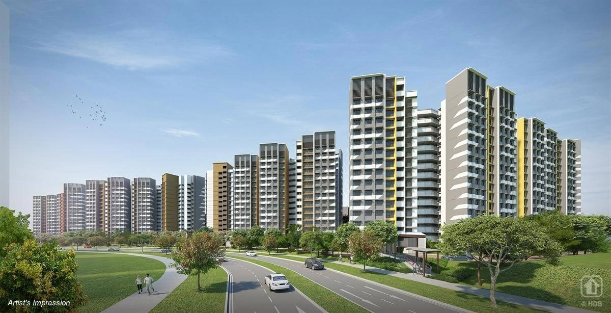 Artist’s impression of a row of modern high-rise residential buildings with balconies, surrounded by green trees and a curved road in the foreground under a clear sky.