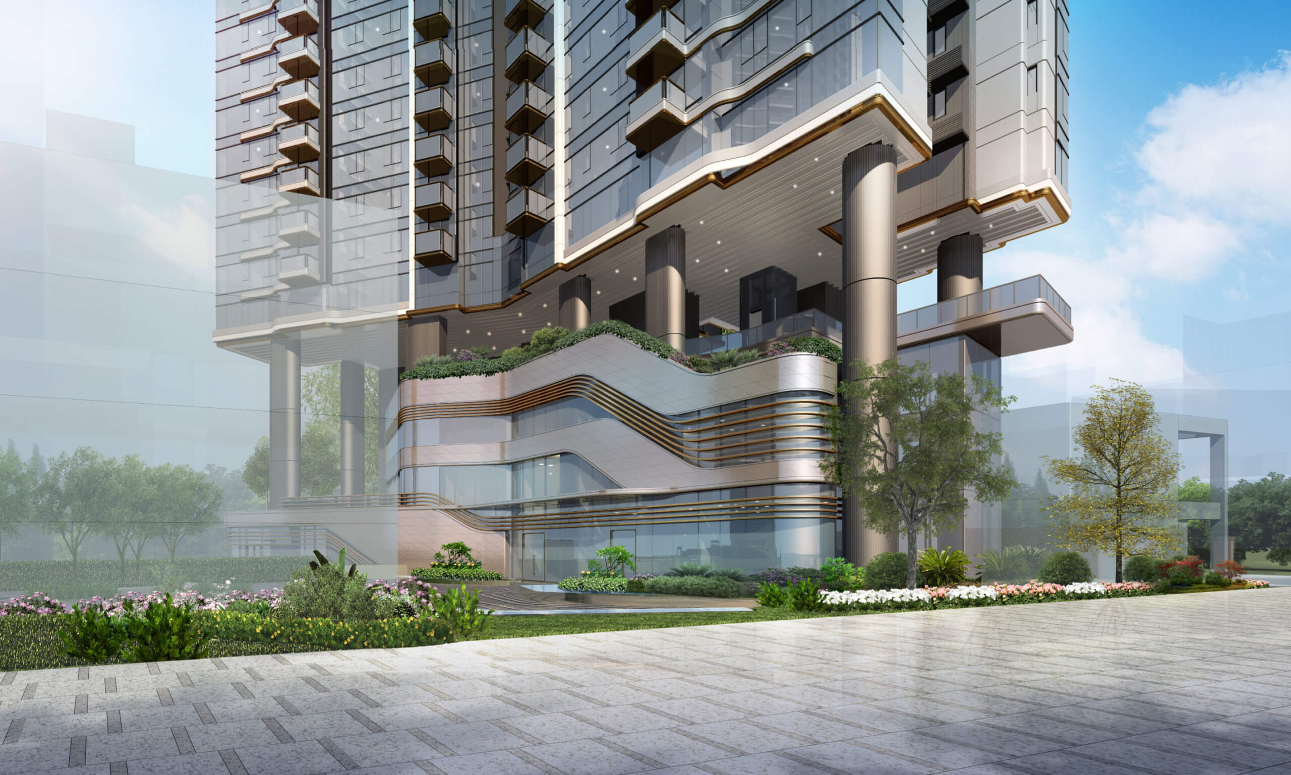 A modern high-rise building with a unique architectural design, crafted by visionary architects using BIM technology, features layered, protruding sections. The foreground offers landscaped greenery, small trees, and flowers alongside a paved walkway under a clear blue sky.
