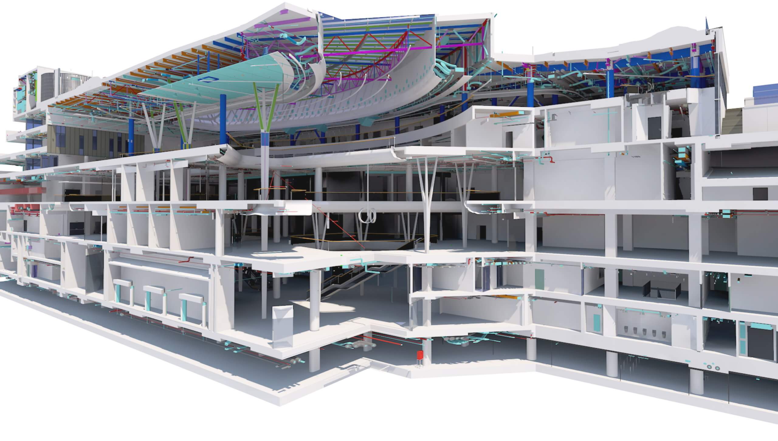 Digital 3D rendering of a building cross-section, enhanced with BIM technology, showcasing multiple floors with complex structural elements, beams, pipes, and architectural details. Upper levels display rainbow-colored beams and an array of modern design features.