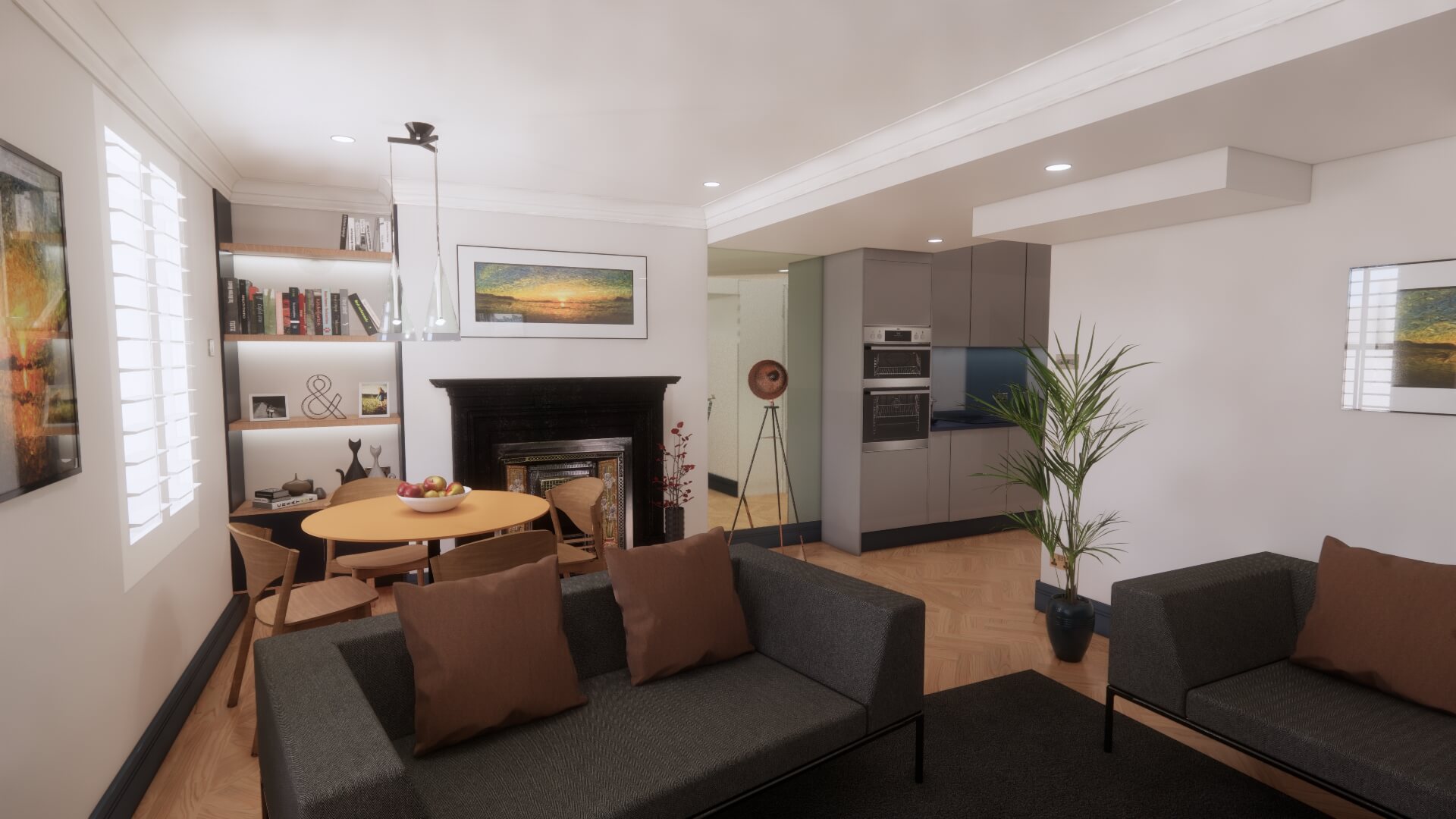 Modern living room with dark sofas facing a black fireplace. A dining table with a fruit bowl is in the corner near built-in shelves. The kitchen area, designed by an architect, features stainless steel appliances. A potted plant and framed artwork adorn the BIMx-enhanced space.
