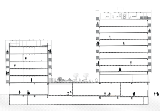 A black and white architectural section drawing, created using BIM tools, showcases two adjacent multi-story buildings connected by a below-ground structure. People populate various floors, while trees grace the ground level between the structures.