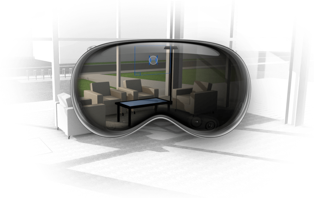 A virtual reality headset showcases a CAD-designed virtual living room with sofas and a coffee table. The scene seamlessly blends the Graphisoft-inspired virtual display with a real-world view through the lenses.