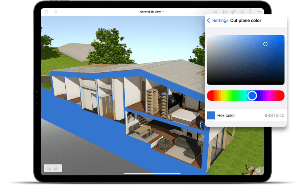 An iPad displaying a 3D BIMx house model with part of the roof and walls cut away. A Cut plane color settings window is open, revealing a gradient color selection and a hex color code field, showcasing Graphisoft’s advanced integration in CAD design.