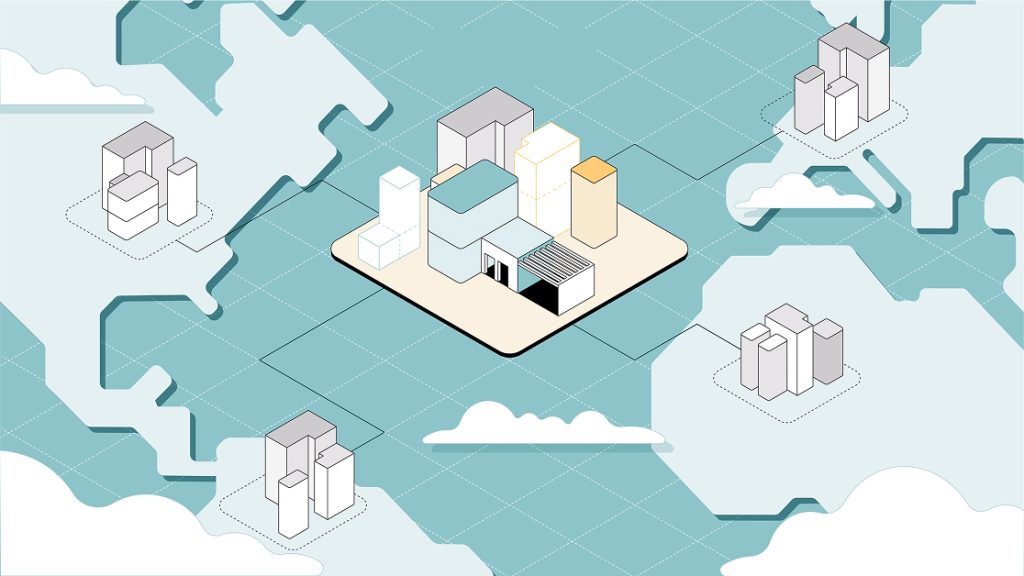 Illustration of stylized buildings under abstract clouds, visualizing secure cloud hosting on BIMcloud SaaS.