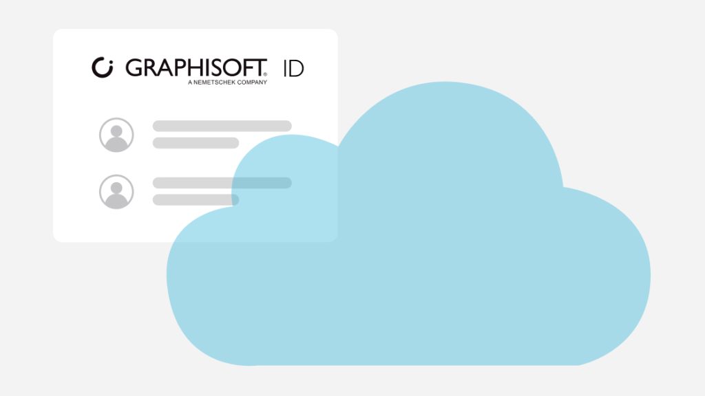 Illustration of a blue cloud overlapping a white card with the GRAPHISOFT ID logo and profile icons, representing flexible cloud licensing.