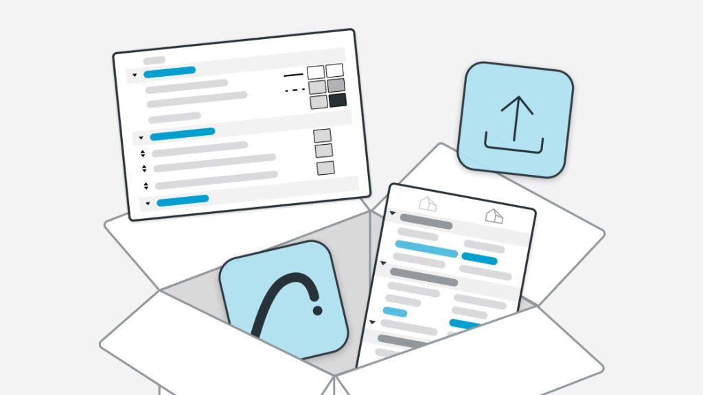 Illustration of an open box filled with digital documents, icons, and checklists, symbolizing onboarding and user training support for Graphisoft products.