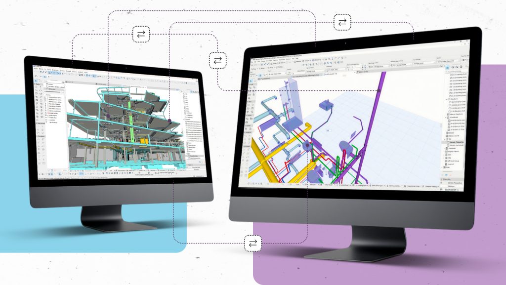 Két számítógépes monitoron összetett 3D építészeti és mérnöki modellek jelennek meg egymással összekapcsolt vonalakkal, kiemelve az együttműködést és az integrált BIM-munkafolyamatot. A háttérben lila és kék színű blokkok láthatók.