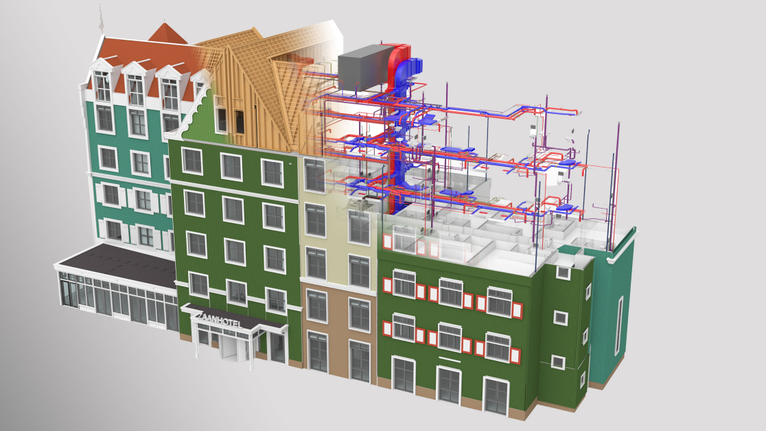 Egy többszintes épület 3D-s építészeti metszete mutatja a belső szerkezetet, a fa tetőszerkezetet, a helyiségeket, valamint az adaptálható HVAC-csatornákat és közművezetékeket kék és piros színnel, kiemelve az épület rugalmas gépészeti és szerkezeti rendszereit.