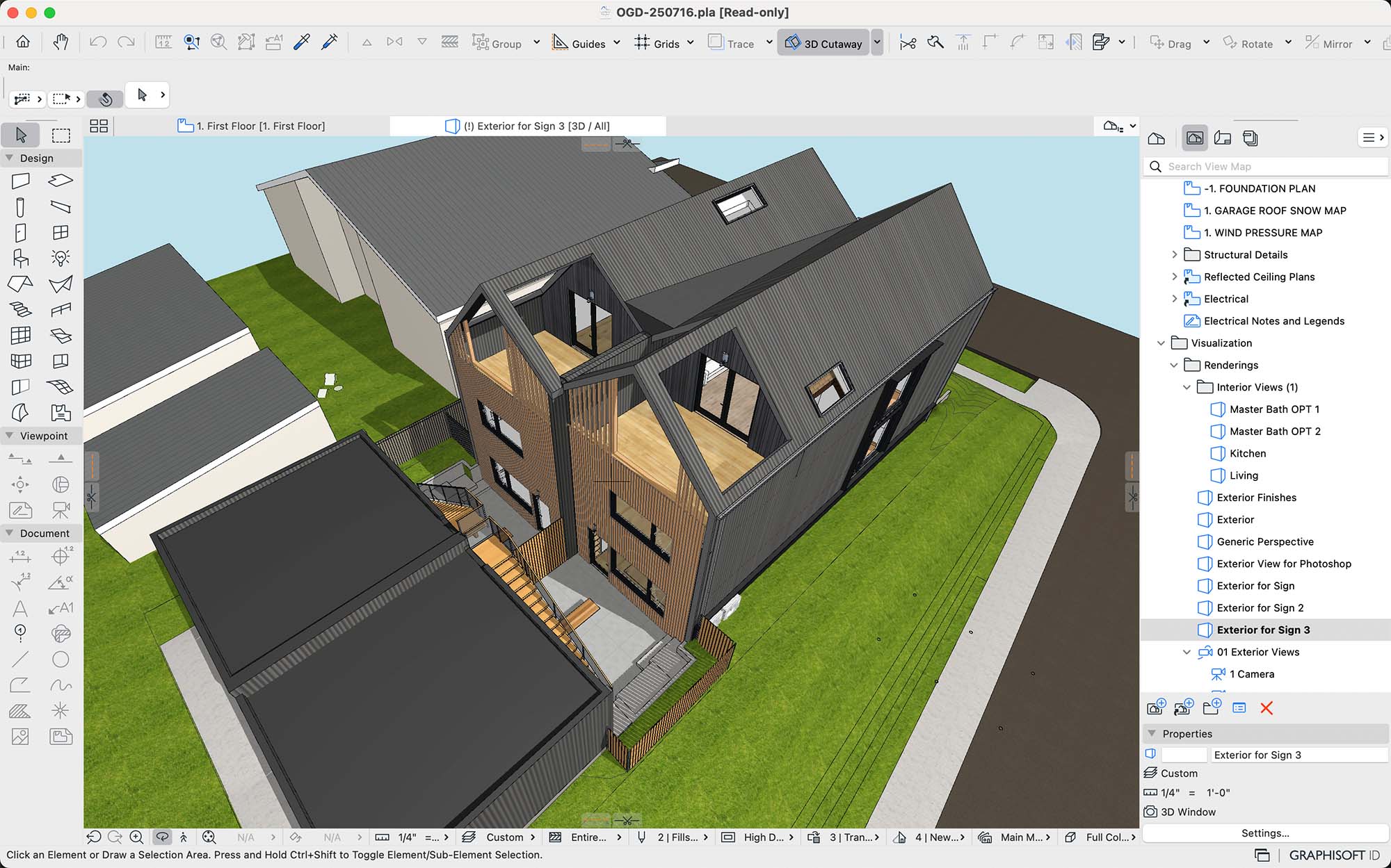 3D architectural rendering of a modern house with angled roofs, large windows, a wooden deck, garage, and surrounding green lawn, displayed in design software with toolbars and sidebar menus visible.