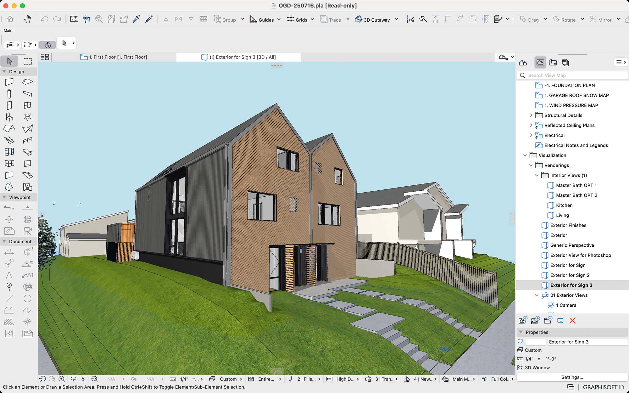A 3D architectural rendering of a modern two-story house with brown and gray exterior panels, large windows, and a sloped grassy yard, displayed on a computer design software interface.
