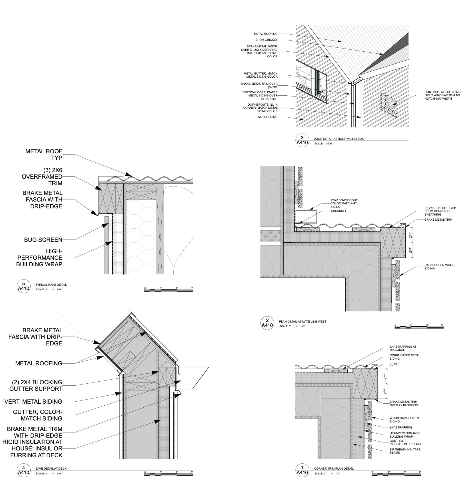 Architectural detail drawings showing various cross-sections of a building roof and wall assemblies, annotated with construction notes for materials like metal roofing, bug screens, fascia, gutters, and insulation layers.
