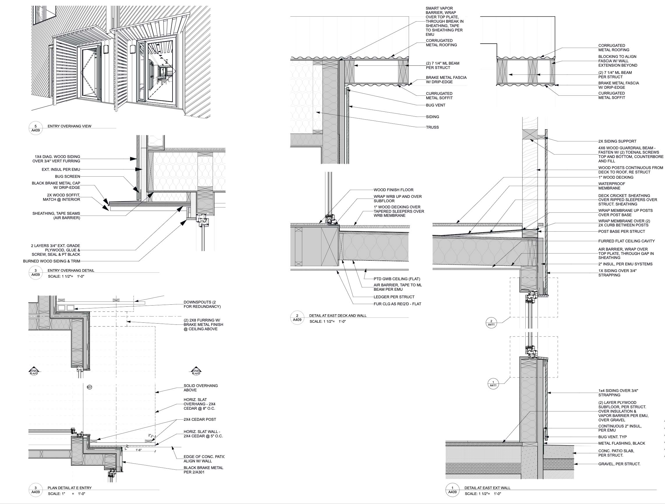 Architectural technical drawings showing detailed wall, door, and window section views with annotations describing construction materials, layers, insulation, flashing, and connection details for various parts of a building envelope.