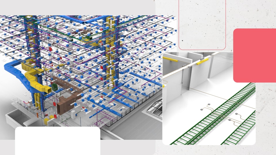 A digital rendering of a building’s mechanical, electrical, and plumbing systems, showing complex networks of colored pipes and ducts, overlaid with geometric shapes on a light background.