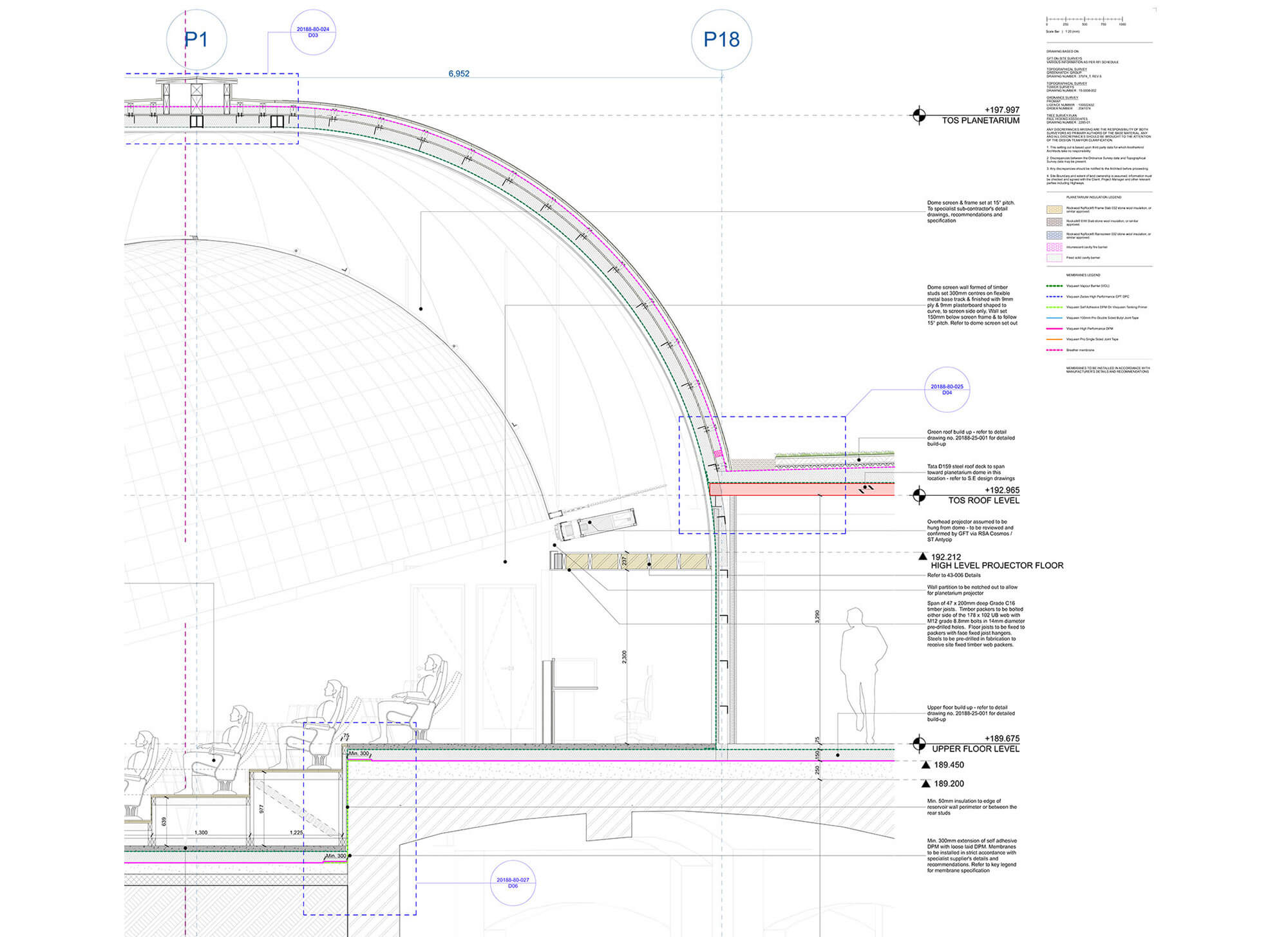Architectural section drawing of a domed theater showing structural details, seating, and construction notes. Colored lines indicate different building components, with collaborative BIM annotation labels providing technical information and specifications.