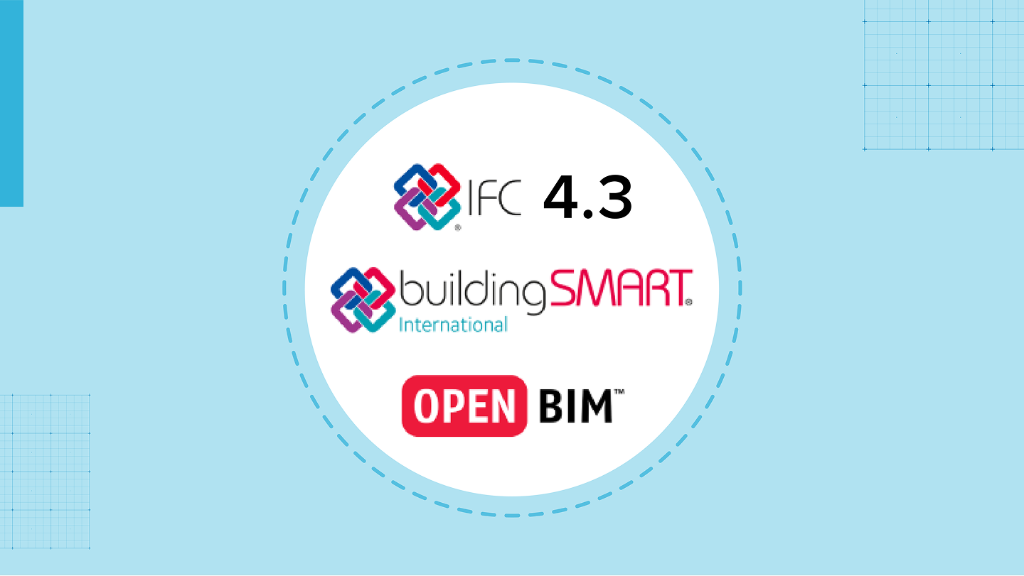 A circular graphic features the IFC 4.3, buildingSMART International, and OPEN BIM logos on a light blue background with grid patterns in the corners.