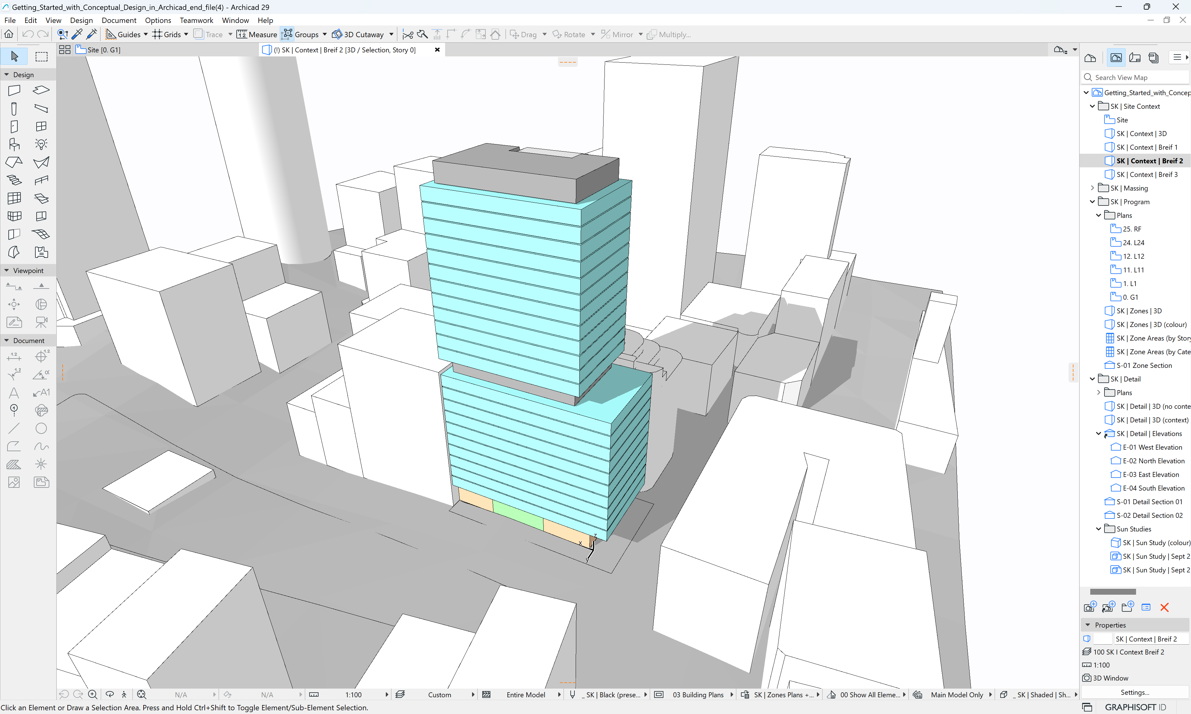 3D schematic building plan of a stepped high‑rise in a city block, shown in Archicad with surrounding white massing buildings, interface panels visible, and the main building colored by functional zones.