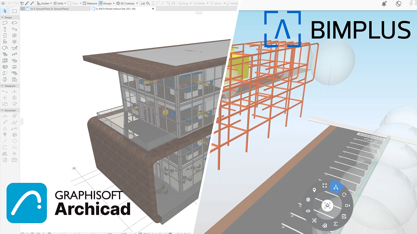 Split-screen image showing a 3D building model in Graphisoft Archicad (left) and a digital construction model with orange framework in BIMPLUS (right). Both have their logos in the bottom left and top right corners, respectively.
