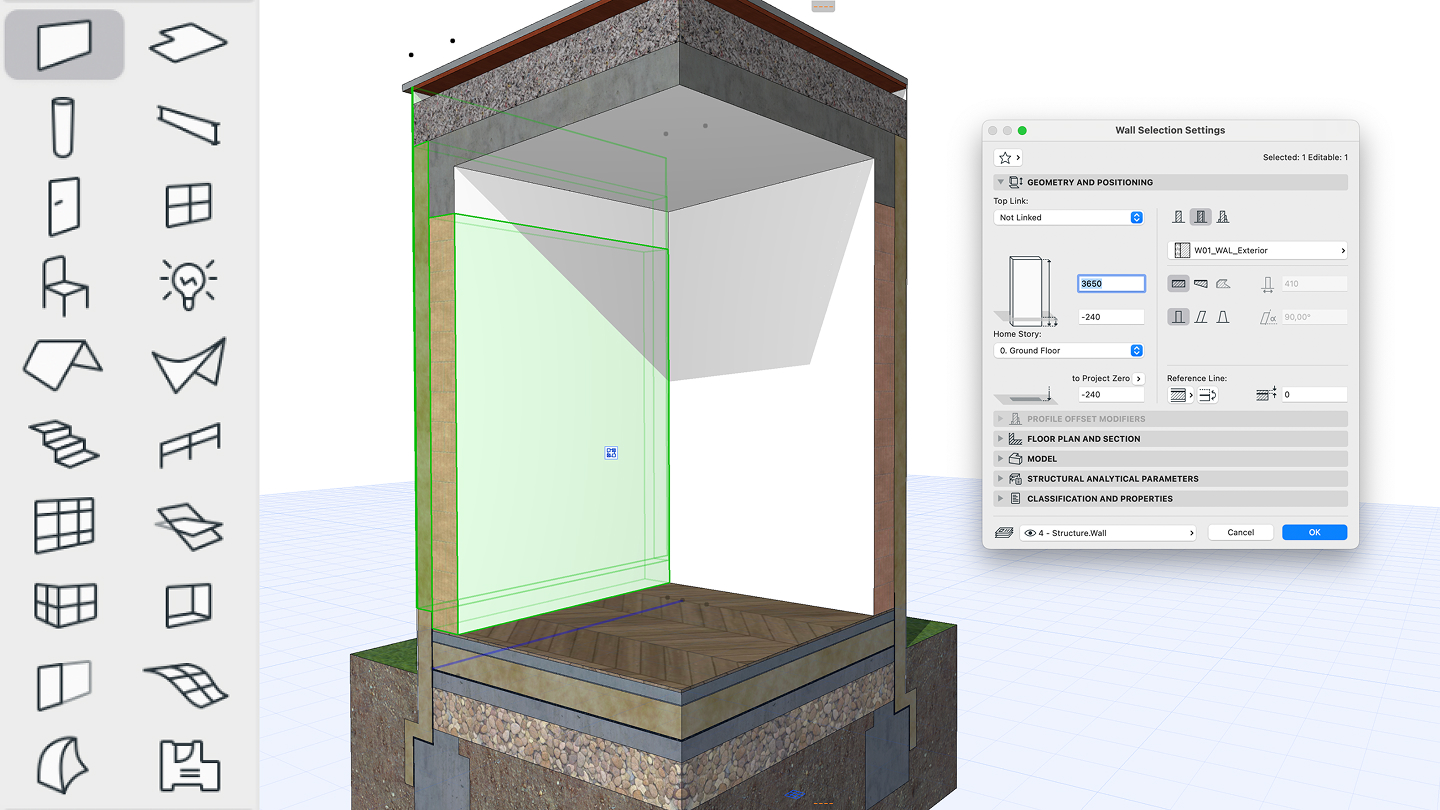 3D architectural modeling software interface showing a section view of a building’s corner wall, with design tool icons on the left and a wall settings dialog box open on the right.