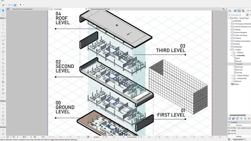 An exploded axonometric diagram of a four-story building, showing labeled floors: ground, first, second, third, and roof levels. Interior spaces, furniture, and walls are visible on each level.