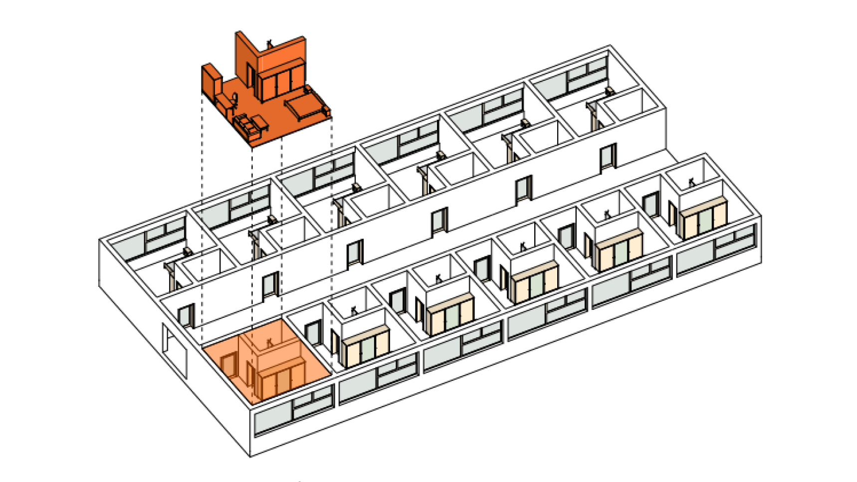 An isometric diagram of a building floor plan, highlighting one corner unit in orange and showing an exploded view of its interior layout with furniture details above the main plan.