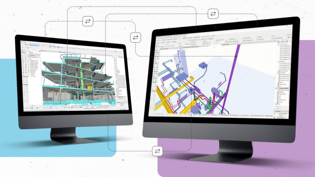 Zwei Computermonitore zeigen 3D-Architektur- und Ingenieurmodelle. Gestrichelte Linien mit Datenübertragungssymbolen fließen zwischen den Bildschirmen und deuten auf die digitale Zusammenarbeit oder den Informationsaustausch in Bauplanungssoftware hin.