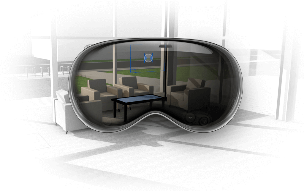 Una representación digital de unas gafas futuristas de gran tamaño se superpone a una moderna sala de estar con sillas y una mesa de café, mezclando los gráficos de la interfaz virtual con la escena del mundo real.