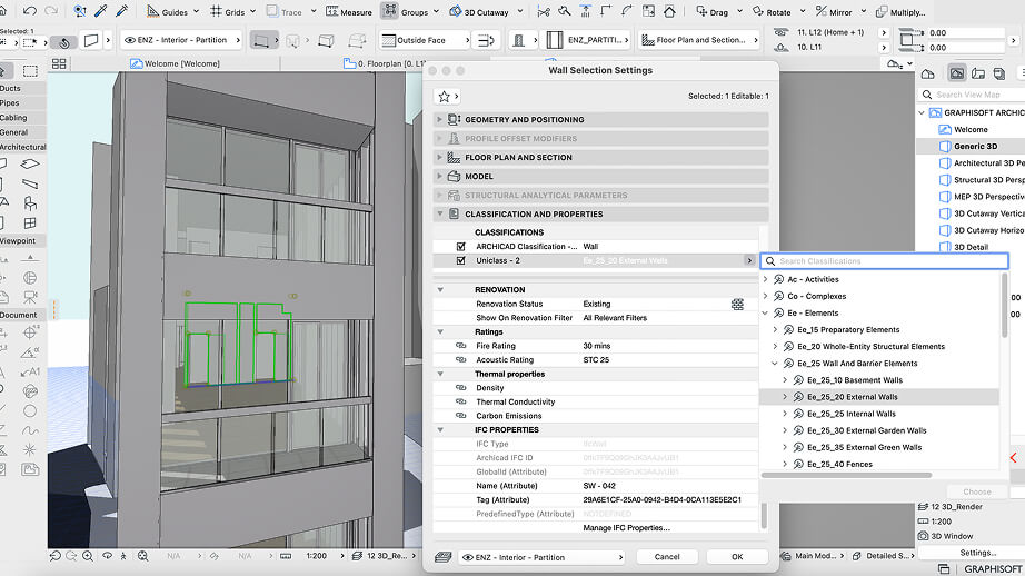 Auf einem Computerbildschirm wird eine Architekturplanungssoftware mit einem 3D-Modell eines Gebäudes angezeigt. Ein Einstellungsfenster ist geöffnet und zeigt Optionen für die Wandklassifizierung und -eigenschaften an, wobei Details und Klassifizierungen rechts aufgelistet sind.