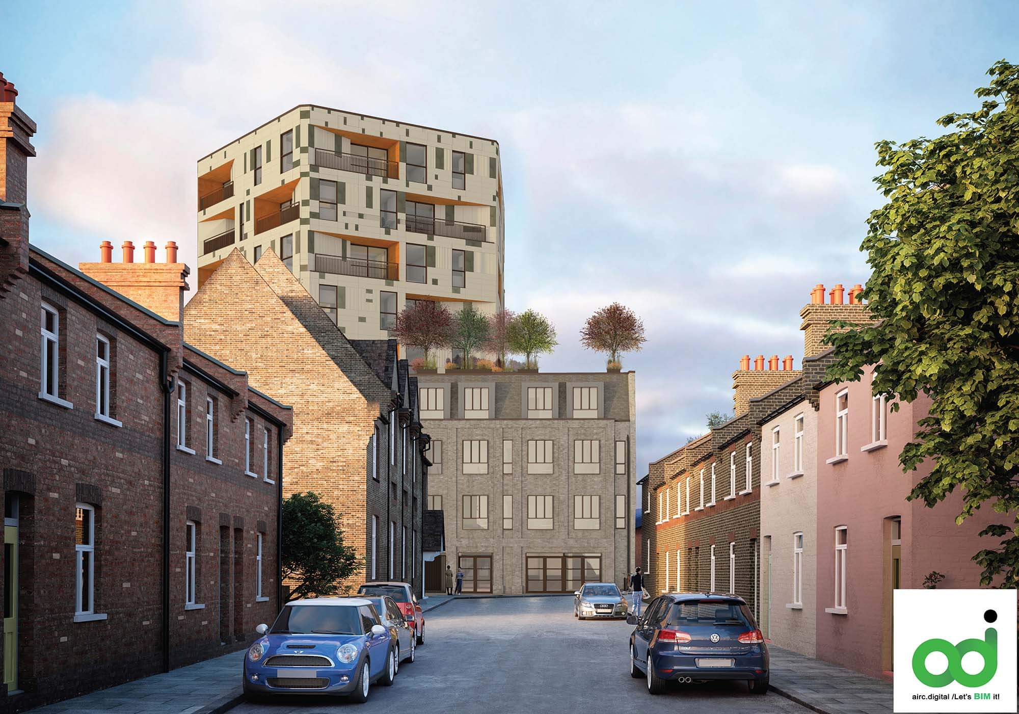 Rendering of a quiet residential street with parked cars, traditional brick houses on both sides, and a modern multi-story building with irregular windows and rooftop trees rising above the older structures in the background. The building is 80 Goodhall Street in London, a project by airc.digital. The firm used innovative BIM workflows with Archicad, BIMx and BIMcloud to deliver the project.