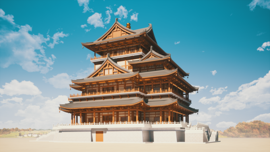 A traditional, multi-tiered Japanese pagoda with ornate wooden architecture stands under a bright blue sky with scattered clouds. The building is elevated on a stone platform with stairs leading up.