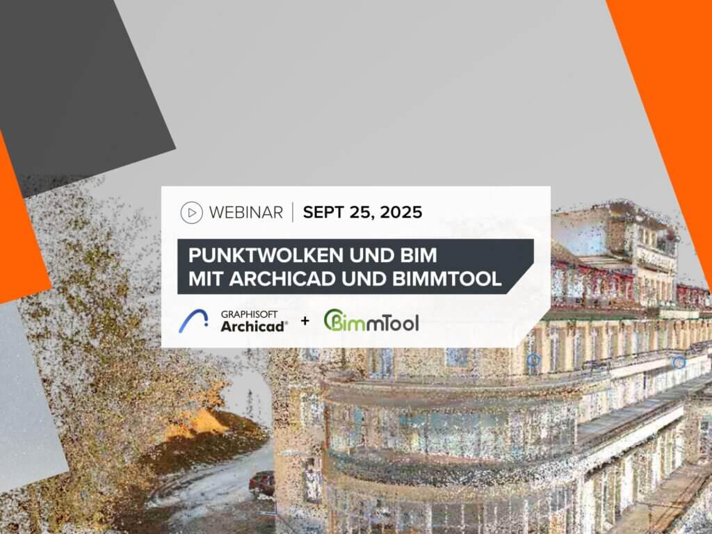 Webinar-Promo-Bild für Punktwolken und BIM mit Archicad und BimMTool am 25. September 2025 mit Punktwolken-Grafiken und Logos für Graphisoft Archicad und BimMTool.
