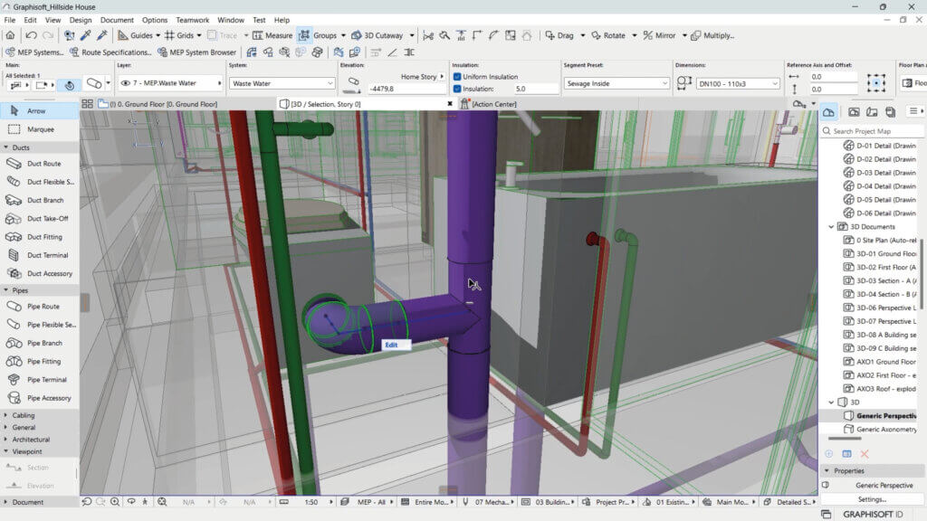 Screenshot eines 3D-Gebäudemodells in der Software Archicad mit sich kreuzenden farbigen Rohren (violett und rot) und Strukturelementen, wobei verschiedene Modellierungswerkzeuge und Optionen in der Benutzeroberfläche sichtbar sind.