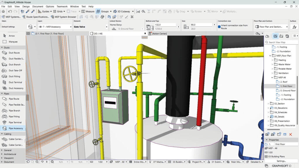 Ein 3D-CAD-Modell eines industriellen Rohrleitungssystems mit farbigen Rohren (gelb, grün, rot), einem Ventil, einer Schalttafel und einem zylindrischen Tank, dargestellt in einer Software für Architekturdesign.