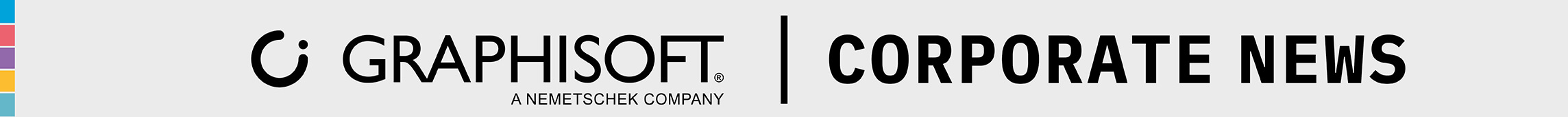 Ein Banner mit dem Graphisoft-Logo und dem Text GRAPHISOFT | CORPORATE NEWS und A NEMETSCHEK COMPANY, auf einem hellgrauen Hintergrund mit vertikalen farbigen Streifen auf der linken Seite.